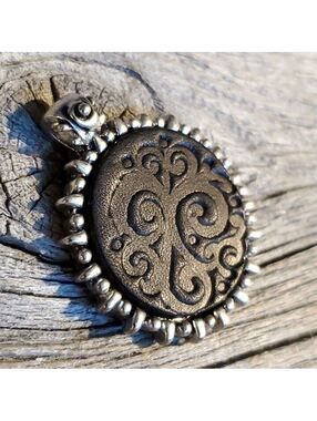 Y2K Vintage Black Leather Embossed Swirls Bali Style Bail Silver Pewter Pendant
